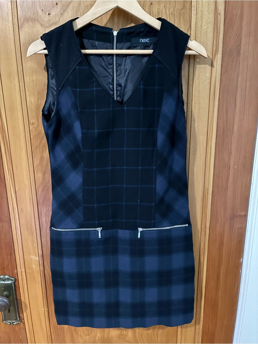 next Navy Plaid Sleeveless Shift Dress with Front Zip Detail